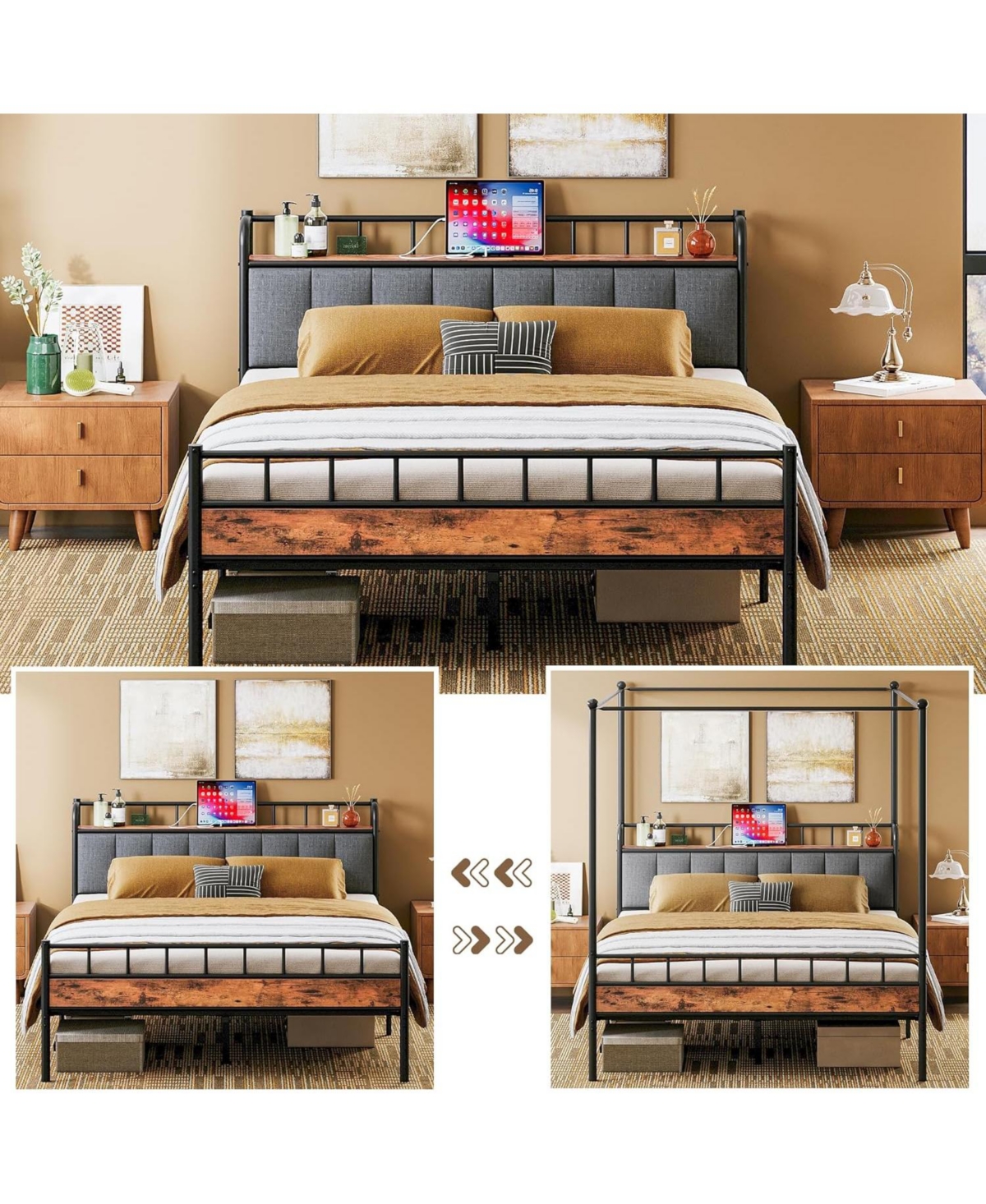 Likimio Canopy Bed Frame Full, Storage Headboard with Charging Station and 4 Removable Sturdy Posts, Noise Free
