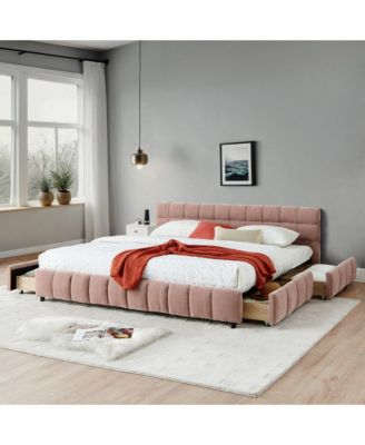 California King Upholstered Platform Bed with Chenille Fabric, Soft Headboard and Storage Drawer