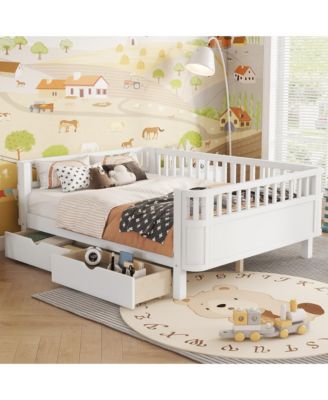 Full Size Wood Platform Bed for Kids with Low Profile, Safety Rails and Wheeled Storage Drawers