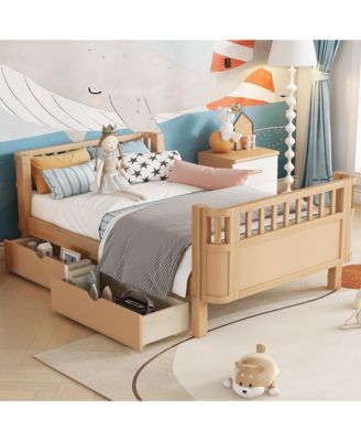 Twin Size Wood Platform Bed for Kids, Low Profile Twin Bed with 2 Wheeled Drawers & Rails