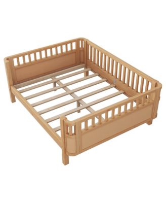 Full Size Wood Platform Bed for Kids, Low Profile Bed with 2 Wheeled Drawers & Rails
