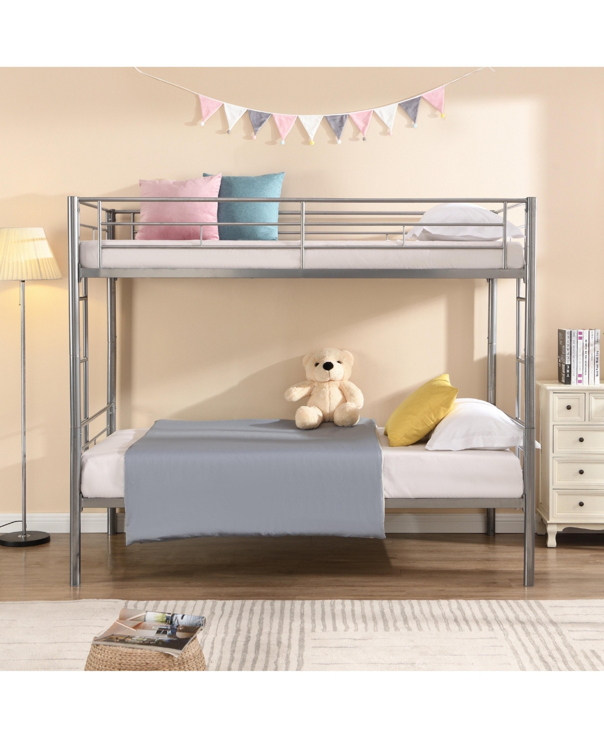 Metal Bunk Bed Silver Twin Over Twin, No Box Spring Needed, Easy Assemble