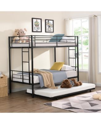 Twin Over Twin Metal Bunk Bed with Trundle, No Box Spring Needed, Easy Assemble