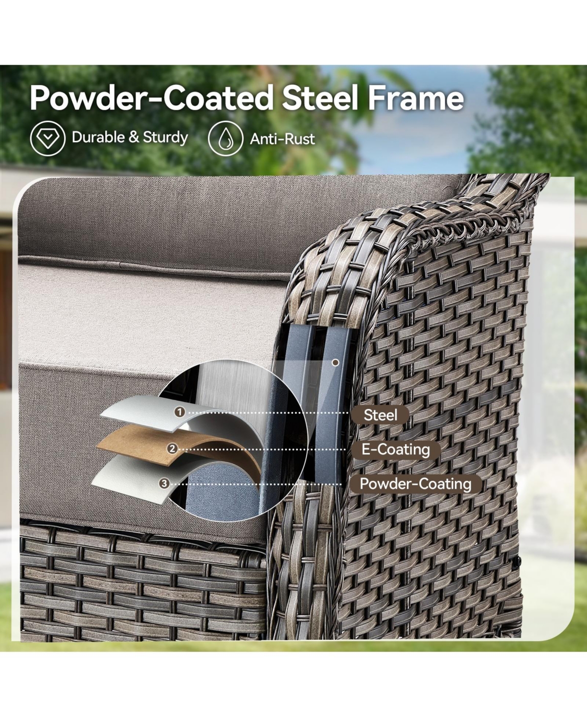 Gymojoy Crescent Swivel Glider Wicker Patio Conversation Set with Olefin 6 In. Thick Cushions/End Table (3-Piece)