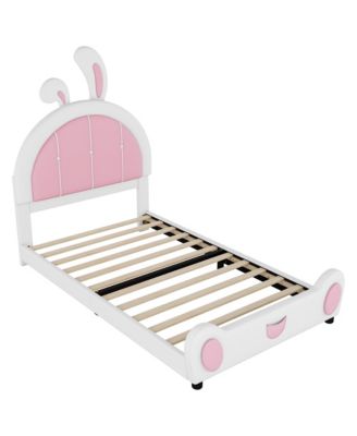 Twin Size Upholstered Platform Bed with Ribbit Shaped Headboard