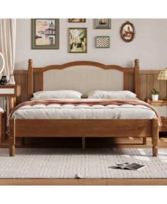 Streamdale Queen Wooden Bed, Natural Rattan, Vintage