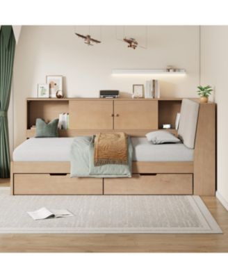 Wooden L-Shaped Daybed with Storage, Bookcase & USB