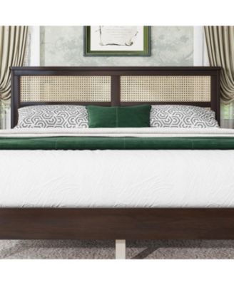 Queen Espresso Wood Bed Rattan Headboard