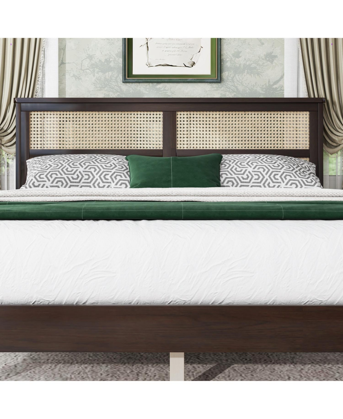 Streamdale Furniture Queen Espresso Wood Bed Rattan Headboard