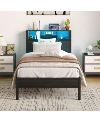Twin Storage Bed Frame with Headboard, Charging, and Bookcase
