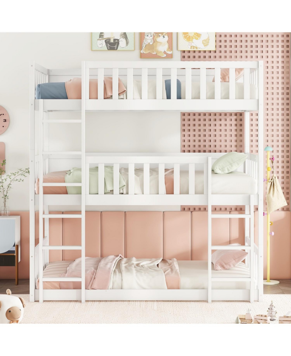 Streamdale Furniture Triple Twin Rubberwood Bunk Bed, Ladders