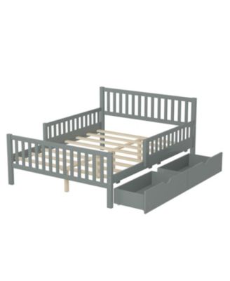 Full Size Wood Platform Bed with Guardrails on Both Sides and Two Storage Drawers, Gray