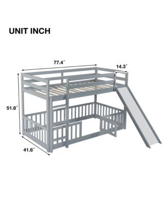 Twin Over Twin Floor Bunk Bed with Slide, Ladder, Door, Safety Guardrails, Solid Pine Wood Bunk Bed