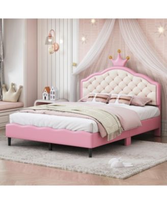 Full Size Lovely Crown Fantasy PU Leather Princess Bed with Tufted Headboard