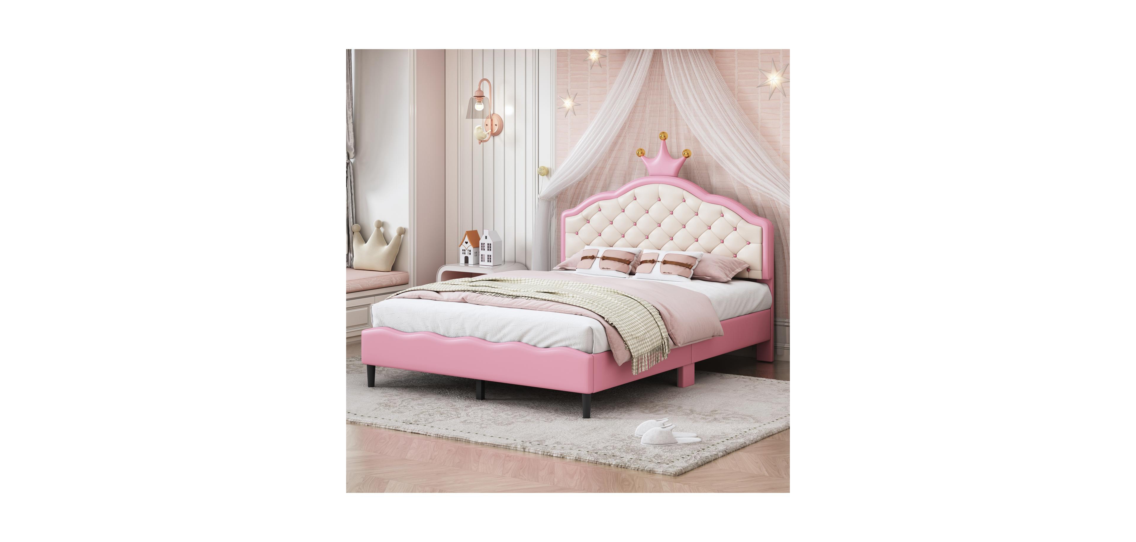 Streamdale Furniture Full Size Lovely Crown Fantasy Pu Leather Princess Bed with Tufted Headboard