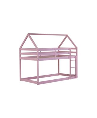 Twin over Twin Rubber Wood Floor Bunk Bed, with ladder,Guardrails,House-Shaped-Bunk Bed