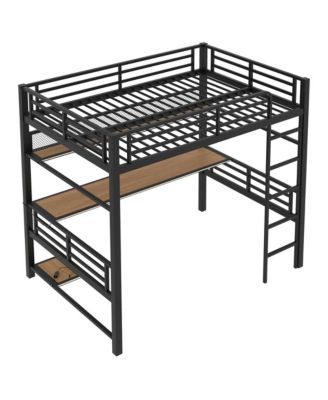 Full Size Metal Loft Bed Frame with Storage Shelf and LED Light,Iron mesh
