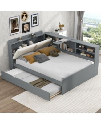 Wood Full Size platform bed with Trundle, Shelves and Storage Headboard