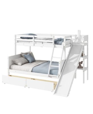 Twin over Full Bunk Bed with 2 Drawers, Slide, Shelves, Ladder, Rubber Wood Bunk Bed with Slide, Drawers