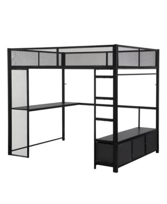 Full Size Metal Gaming Loft Bed with LED, Desk, Open Wardrobe and 3 Linen Storage Drawers