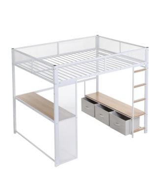 Full Size Metal Gaming Loft Bed with LED, Desk, Open Wardrobe and 3 Linen Storage Drawers