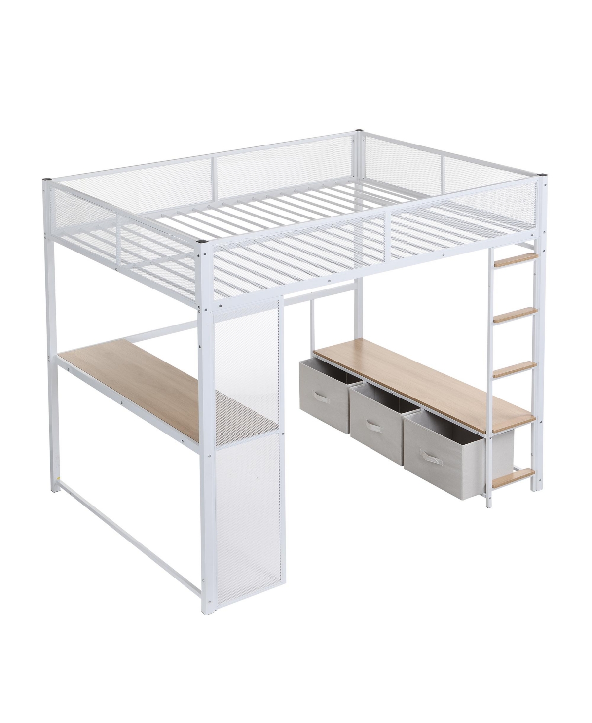 Streamdale Furniture Full Size Metal Gaming Loft Bed with Led, Desk, Open Wardrobe and 3 Linen Storage Drawers, White