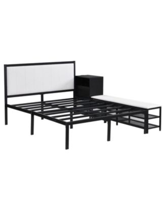 Metal Platform Bed with Two-Tier Storage Shelves, Wooden Storage Cabinet