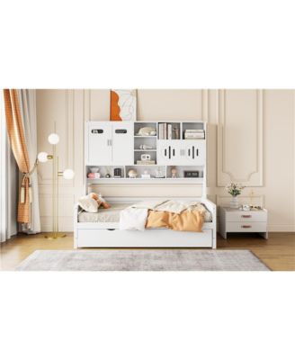 Twin Size Wooden Daybed with Trundle and Storage Cabinet & Shelf