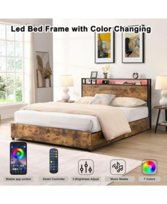 Queen Bed Frame w/ Charging Headboard, Noise-Free, No Box Spring