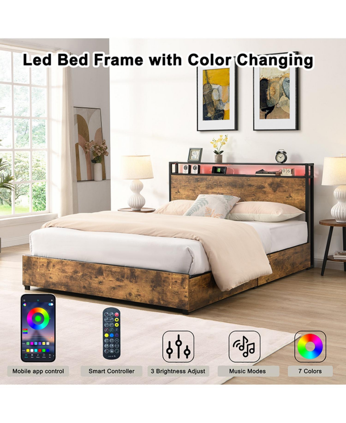 Streamdale Furniture Queen Bed Frame w/ Charging Headboard, Noise-Free, No Box Spring