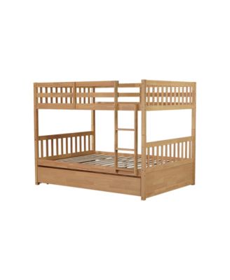 Rubber Wood Full/Full Bunk Bed with Trundle and Guardrails, Convertible to 2 Beds