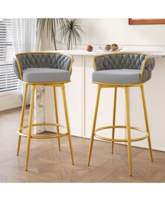 Streamdale Set of 2 Swivel Bar Stools with Woven Backrest and Gold Legs