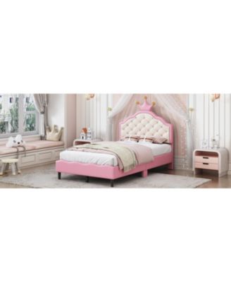 Twin Size Lovely Crown Fantasy PU Leather Princess Bed with Tufted Headboard, Pink+Cream