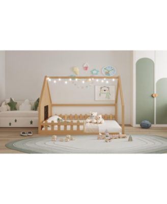 Full Size Wood House Bed with Window and Fence.