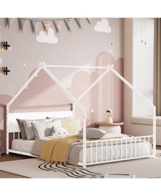  Kids House Bed with Roof and Lights, Metal Frame