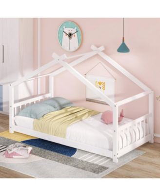 Twin Size House Bed Wood Bed, White