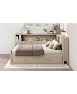 Full Size Wood Daybed with Storage Shelves and Trundle