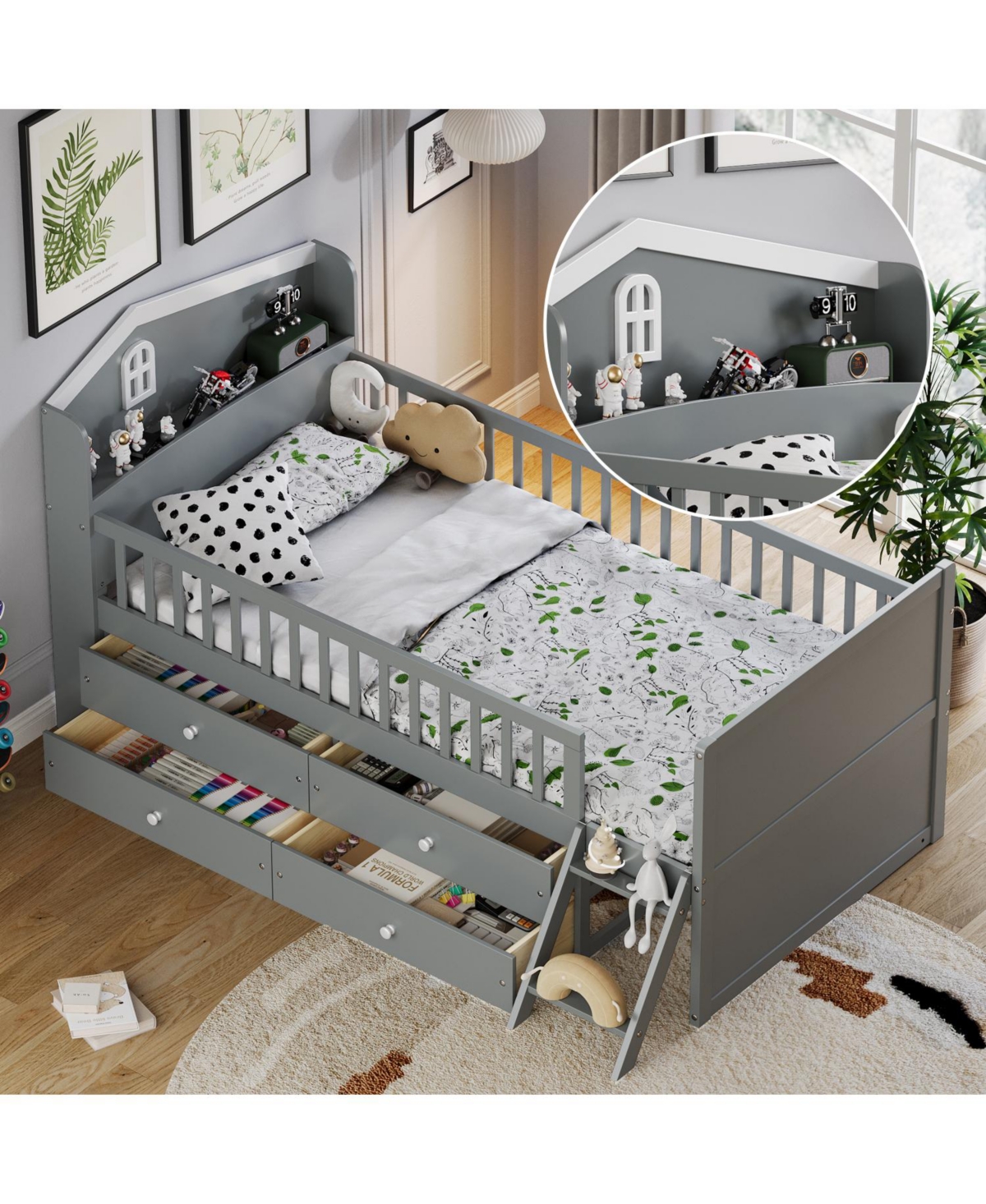 Streamdale Furniture Twin Bed Frame with Storage & Guardrail