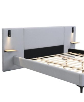 Chic Linen Upholstered Bed with Integrated Lights and Shelves King