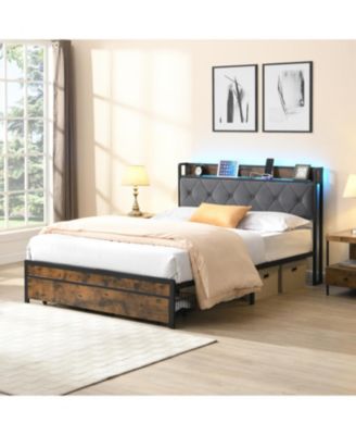 King Bed Frame LED Headboard Storage Drawers USB Charging