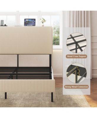 King Beige Platform Bed with Charging Station