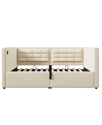 Upholstered Twin Daybed with Hydraulic Storage, USB Charging, Tufted Back, Beige Velvet