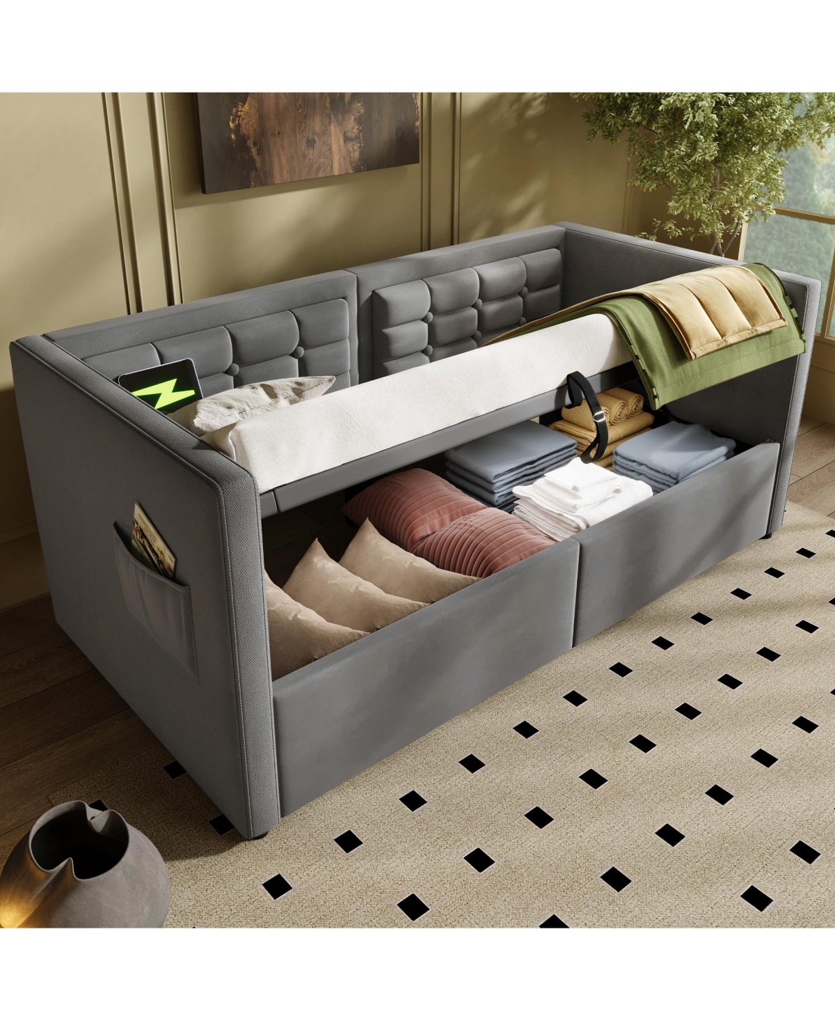 Streamdale Furniture Upholstered Twin Daybed with Hydraulic Storage, Usb Charging, Tufted Back, Gray Velvet