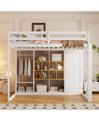 Full Size Wood Loft Bed with Wardrobe, shelves and Cabinet