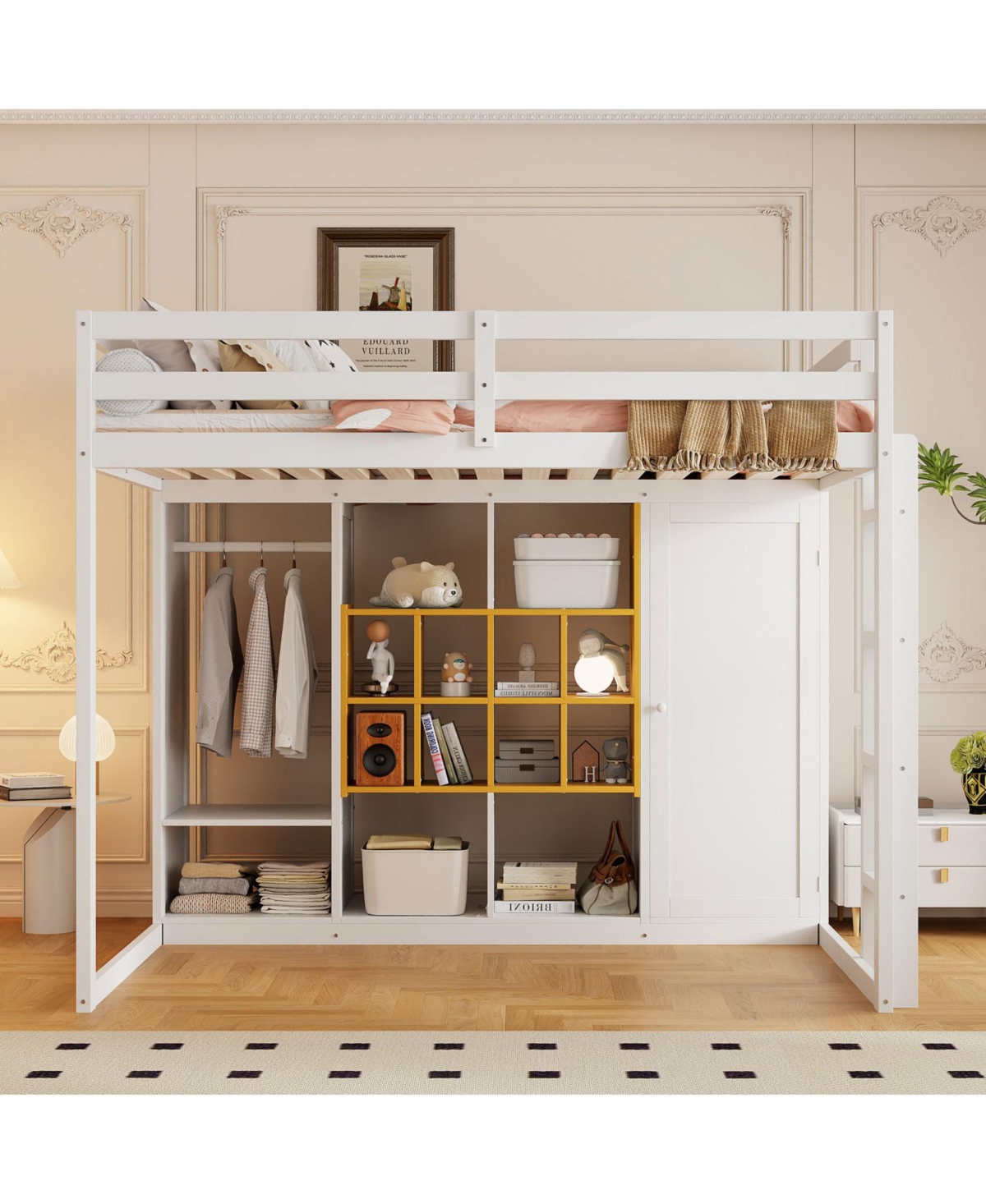 Streamdale Furniture Full Size Wood Loft Bed with Wardrobe, shelves and Cabinet