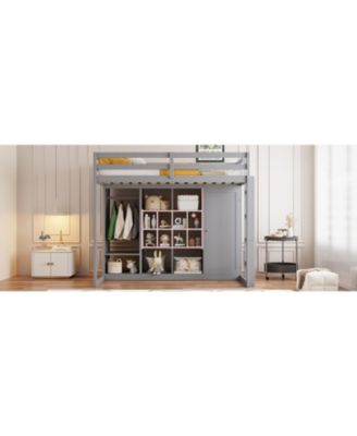 Twin Size Wood Loft Bed with Wardrobe, shelves and Cabinet