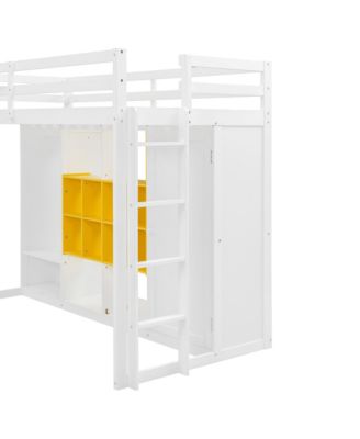 Twin Size Wood Loft Bed with Wardrobe, shelves and Cabinet