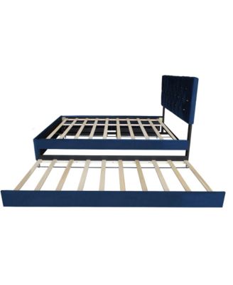 Queen Velvet Bed with Trundle & Storage - Blue