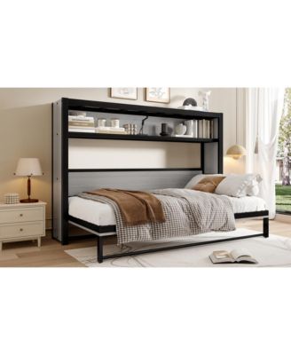  Twin Murphy Bed with Shelves, Foldable Metal Wall Bed - Gray