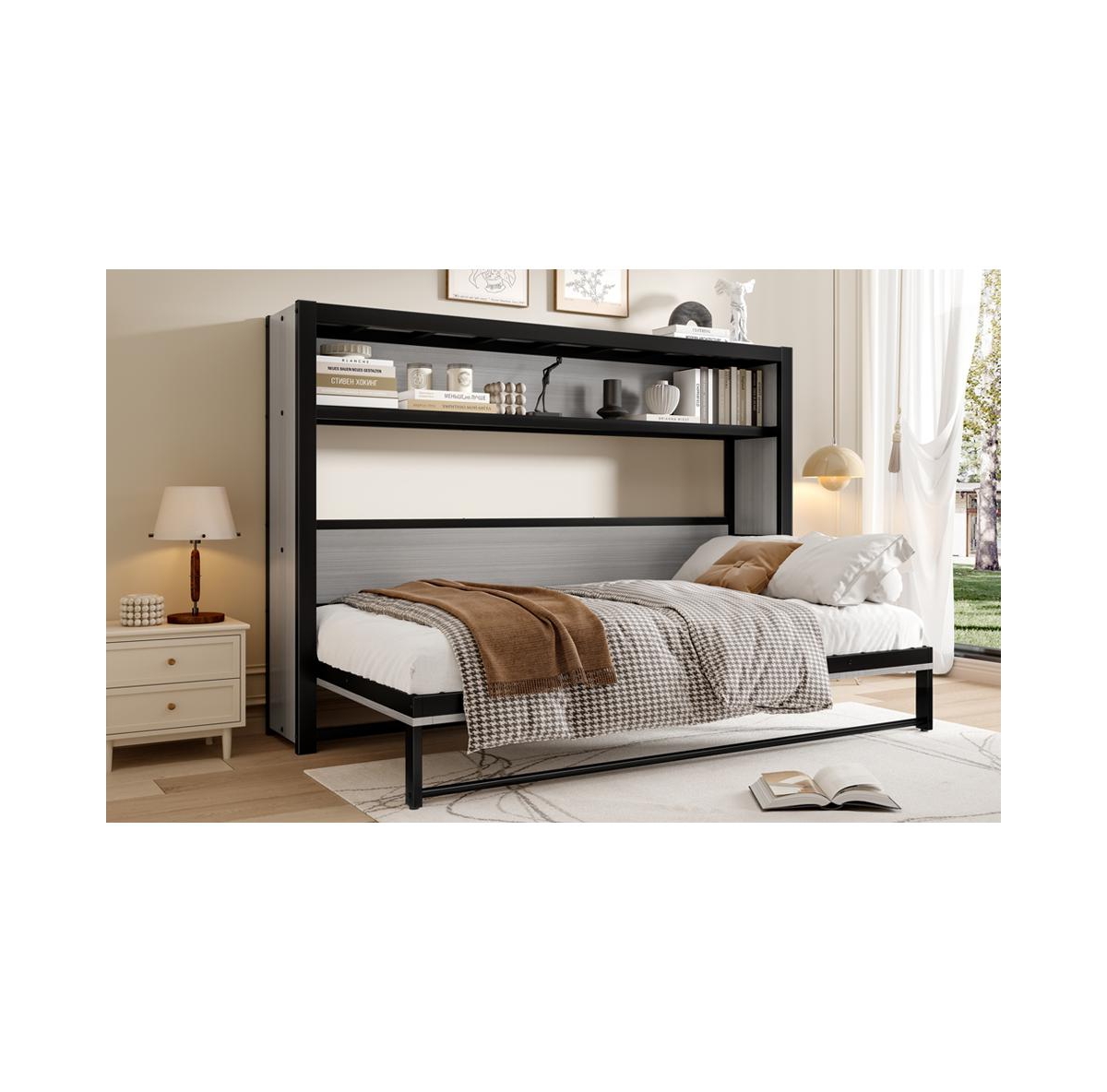 Streamdale Furniture Twin Murphy Bed with Shelves, Foldable Metal Wall Bed - Gray
